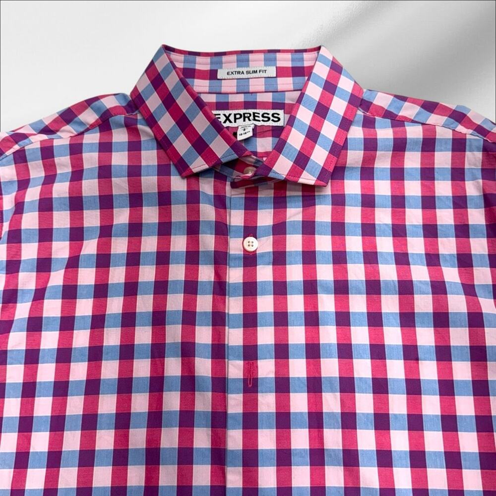 EXPRESS Men’s Large Extra Slim Fit Pink Blue Plaid Dress Shirt NEW